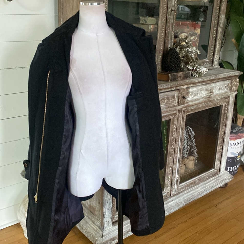 BURBERRY'S LUXURY BLACK WOOL COAT JACKET TOGGLE LARGE MADE IN USA - Picture 8 of 13